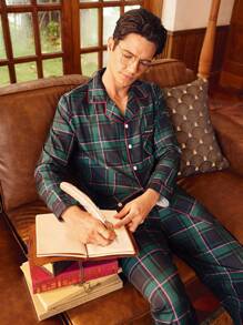 EverLounge Men Plaid Print Button Front Shirt & Pants PJ Set / Pajama Set, Fall Clothes - Army Green - View 1