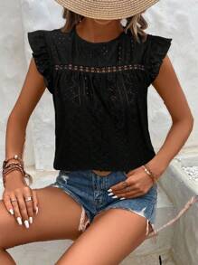 SHEIN Frenchy Women's Solid Color Round Neck Cap Sleeve Casual T-Shirt For Vacation Old Money Style Black Summer Holiday Resort - Black - View 4