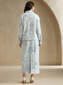 Anewsta Set de 2 piezas: Camisa de manga larga con bloques de color y textura, y falda midi evasé con dobladillo dividido - Azul - Ver 2