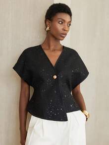 Aveloria Modichic Damen V-Ausschnitt Jacke aus paillettenbesetztem Tweed mit asymmetrischem Schnitt, leichte Blazerjacke - Schwarz - Übersicht 5