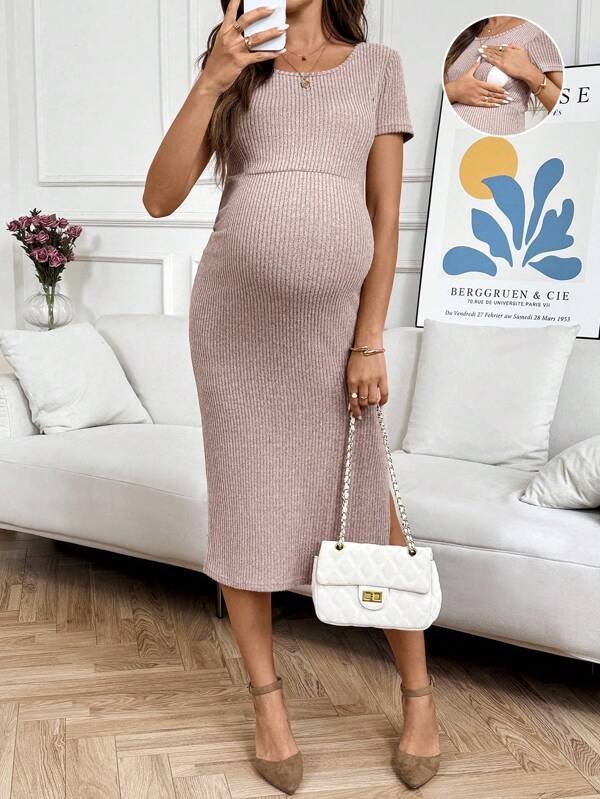 SHEIN Vestido de enfermería ajustado de color liso acanalado con dobladillo partido, para el verano, para maternidad