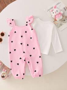 SHEIN Infant/Baby GirlCasual Long Sleeve Top And Cute Bunny Decorated Jumpsuit, Spring/Autumn