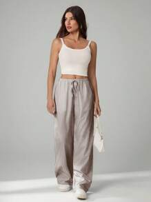 SHEIN Tall Damen gestreifte bedruckte Knoten Taschen Lässig vielseitige lange Hose