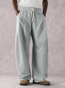 Manfinity Hypemode Quần nỉ nam màu trơn có dây rút ở eo, túi rộng rãi, thường ngày - Xám - Xem 2