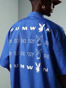 PLAYBOY X SUMWON Camicia sportiva con chiusura lampo, collezione streetwear, stile di vita urbano, logo stampato anteriore e posteriore, casual estivo, leggero, oversize - Blu reale - Visualizzare 4