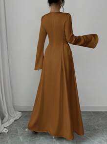 Elenzga 优雅杏色 A 字型束腰喇叭袖连衣裙长款缎面女装 - 卡其色 - 查看 2