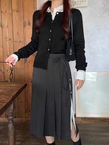 DAZY 女士可爱百褶中长裙秋季半身裙 - 灰色 - 查看 5