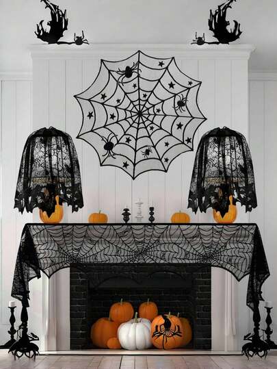 Goth 1pc Black Lace Halloween Table Runner ,Spider Web Decorative Tablecloth, Table Runner,Halloween Spider Web Decoration Fabric,Home Decor,Holiday Decorations