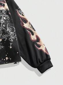 ROMWE MEN Anime Sudadera con capucha con estampado de llamas y eslogan de moda para hombre - Negro - Ver 5