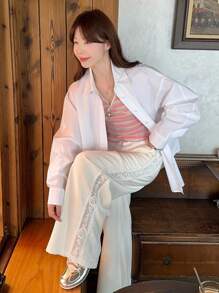 DAZY Pantalones casuales versátiles de unicolor con aplicación de encaje para mujer