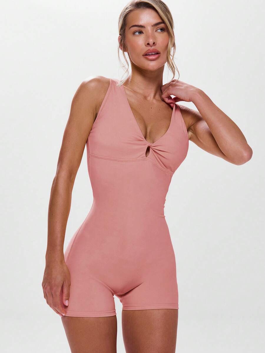 Musera Sport Twist Front Cut Out Back Sleeveless Unitard Active Workout Gym Fitness Summer - Pink - View 1