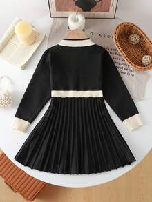 SHEIN Playful Pals 少女拼色圆领长袖褶边针织连衣裙