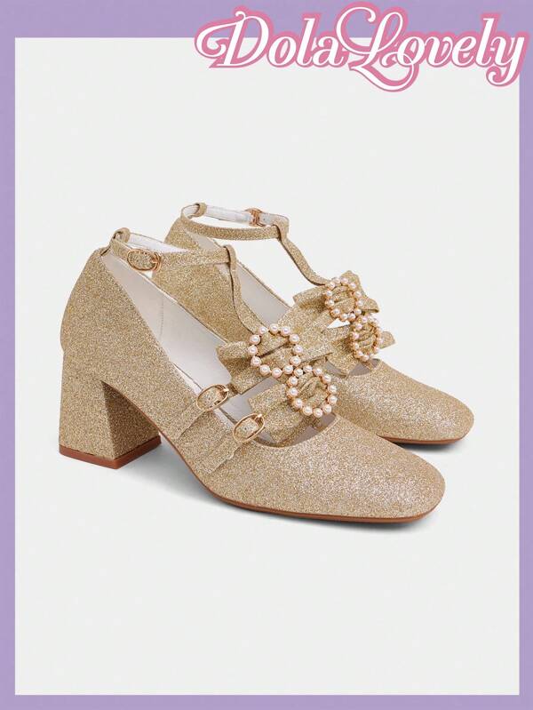 Dola Lovely Women's Fashion Gold Pearl Buckle High Heel Pumps