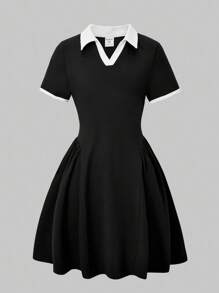 SHEIN ChillGRL 女童马球领短袖开叉 A 字连衣裙，时尚舒适，春夏季 - 黑色 - 查看 1