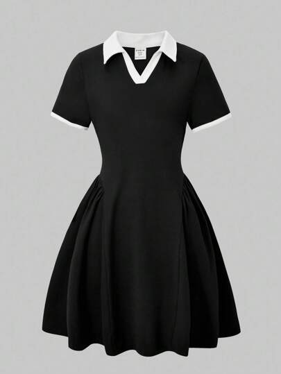 SHEIN ChillGRL 少女休閒 Polo 領短袖開衩下擺 A 字洋裝，春夏返校穿搭