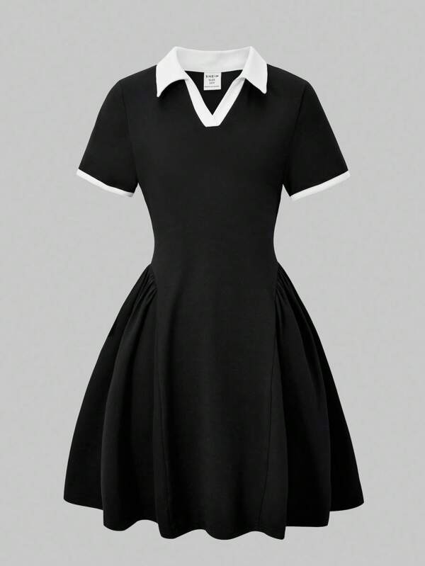 SHEIN ChillGRL 女童马球领短袖开叉 A 字连衣裙，时尚舒适，春夏季