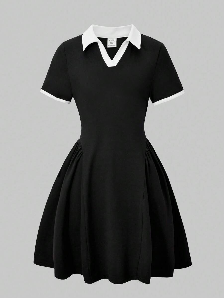 SHEIN ChillGRL 女童马球领短袖开叉 A 字连衣裙，时尚舒适，春夏季 - 黑色 - 查看 1