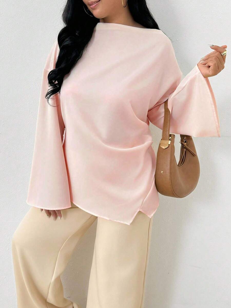 INAWLY Plus Size Women's Solid Color Ruffle Flare Sleeve Elegant Blouse Top - Pink - View 1