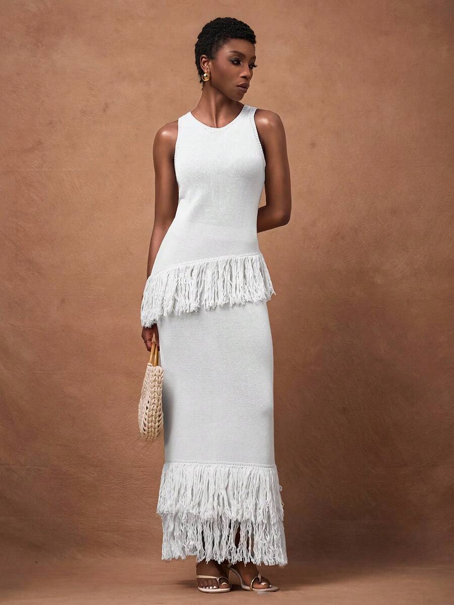 Zivah Bộ áo len hai mảnh thanh lịch, không tay, viền bất đối xứng, màu trắng, đơn giản, thanh lịch dành cho người đi làm mùa hè và thu 2025, thích hợp mặc đi làm hàng ngày, thanh lịch, dự tiệc, ăn tối, lễ hội, đi chơi, du lịch, nghỉ mát, tốt nghiệp-B - trắng - Xem 1