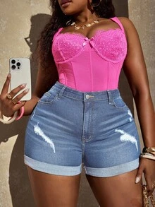 Slaydiva Plus Size Fashion Street Style Tight Fit Casual Denim Shorts For Summer Ripped Denim Shorts - Medium Wash - View 2