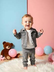 Bộ đồ denim thường ngày cho bé trai/bé trai, quần denim màu xám rách có cạp chun, túi thật, trang phục thời trang, quần denim giặt có cạp chun thoải mái, thích hợp mặc ngoài trời, mùa xuân, mùa hè, mùa thu, mùa đông - Xám - Xem 1