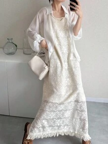 FRIFUL Bộ đồ hai mảnh gồm váy ren và áo kiểu dáng rộng màu trơn dành cho nữ, thích hợp mặc ở nhà vào mùa thu. - Màu be - Xem 6
