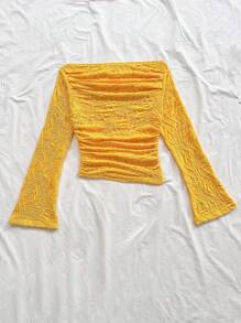 Soleia 女士纹理针织露肩喇叭袖修身上衣，适合度假、波西米亚风万圣节装扮、早午餐、生日派对、外出、约会、工作、锐舞派对等场合。 - 黃色 - 查看 2