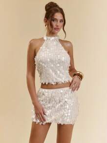 SHEIN BAE 夏秋季女式亮片闪粉露背无袖上衣和中低腰迷你裙，女士两件套，亮片两件套西装，女士两件套西装，适合鸡尾酒会、度假、活动、夜总会、派对、音乐节、全白派对装 - 杏色 - 查看 5