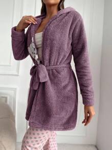 EURMUSE Cat Embroidery Hooded Belted Teddy Robe - Purple - View 4