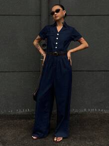 DAZY 女式夏季方领收腰短袖牛仔连体裤，街头休闲 - 深色水洗藍 - 查看 1