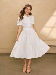 Completo elegante da ragazza composto da blusa con collo alla polo, maniche corte, monocolore, spalle scoperte e gonna midi a-line in tinta unita, outfit formale per il ritorno a scuola