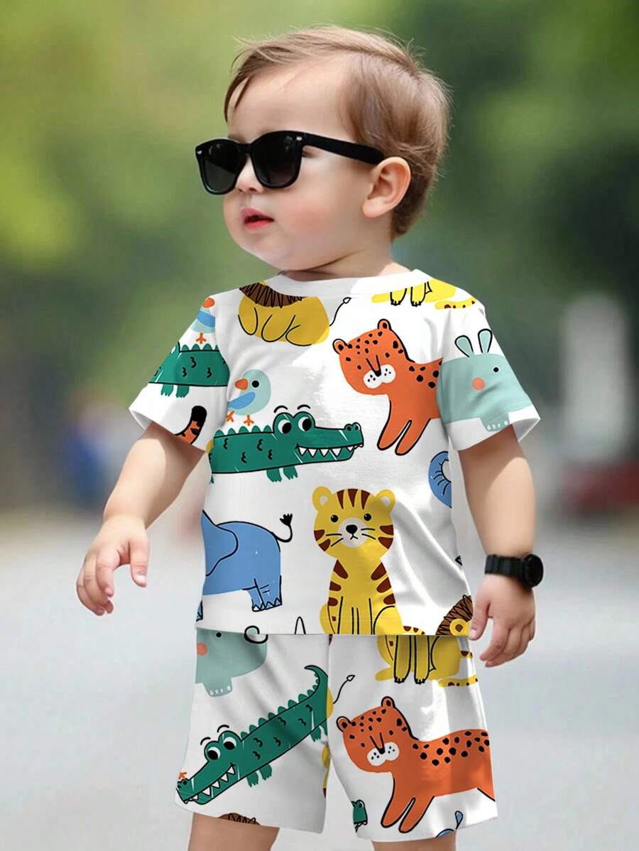SHEIN 2pcs/Set Baby Boy Casual Cartoon Animal Print Round Neck Short Sleeve T-Shirt And Shorts Set, Summer - Multicolor - View 1