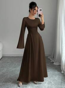 Elenzga 优雅杏色 A 字型束腰喇叭袖连衣裙长款缎面女装 - 巧克力棕 - 查看 3