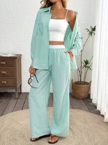 SHEIN LUNE Women's Casual Striped Basic Outfit Set, Simple Long Sleeve Top And Pants, Everyday Wear Lounge Sets For Women Sets 2 Pieces Women Matching Sets Women Co Ords Sets Women Going Out Outfits Airport Outfit For Women Back To School Streetwear Vacation Two Pieces Set Vacation Outfits Women Button Up Shirt Women Hawaii Outfits Women Lounge Sets For Women - Green - View 5