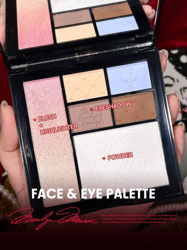 Marilyn Monroe X SHEGLAM Day Dreamer Face & Eye Palette All-In-1 Multi-Use On-The-Go Face Palette Blue Brown Pink Shimmer Highlighter Palette Pressed Setting Powder Portable Eyeshadow Graduation Birthday Holiday Summer Fall Autumn Y2K Fancy Fashion Women Makeup Cosmetic Party Beach Travel Camping Outdoors School Campus Trip Festivals Decor Gift Present Rose Girl Cosplay Best Color Charm Vibe