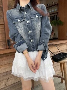 DAZY 韩版女式做旧休闲牛仔上衣，牛仔外套，秋季女装长袖 - 藍色 - 查看 1