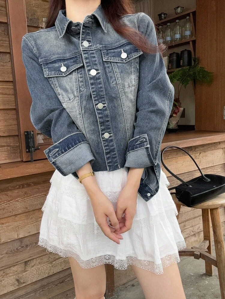 Women Korean Style Distressed Casual Denim Top,Jeans Jacket,Fall Women Clothes Long Sleeve Women