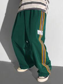 Tween Boys Casual Versatile Comfortable Colored Webbing Letter Woven Label Straight Loose Woven Plain Pants, Suitable For Commuting, School, Daily, Vacation, Sports, Spring/Summer/Fall/Winter