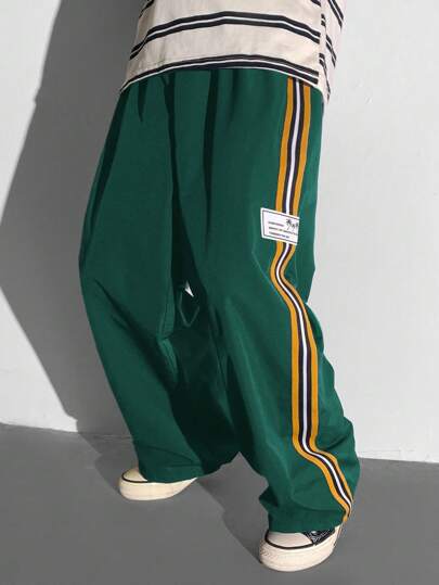 Tween Boys Casual Versatile Comfortable Colored Webbing Letter Woven Label Straight Loose Woven Plain Pants, Suitable For Commuting, School, Daily, Vacation, Sports, Spring/Summer/Fall/Winter