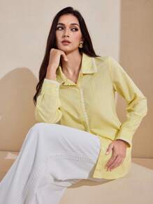 Graceveil Áo sơ mi dài tay giản dị trang trí hoa màu kem, mùa hè - Màu vàng - Xem 7