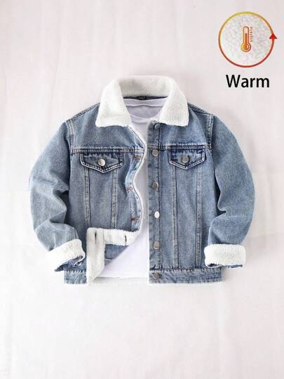 SHEIN För tonårspojkar, vintageblå, tvättad, avslappnad passform, matchande jeansjacka med fuskpälskrage och foder. Enkla och trendiga, mångsidiga och avslappnade ytterkläder lämpliga för höst och vinter.