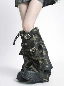 ROMWE Grunge Punk 一双朋克风不对称迷彩印花腿套，哥特式时尚腿套，带绑带和角状设计，适合日常穿着和节日派对装扮，配有金属扣装饰。 - 彩色 - 查看 3