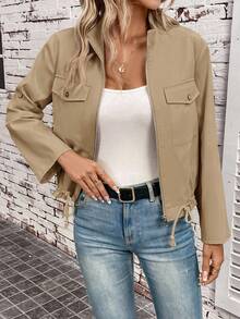 EMERY ROSE 秋冬短款抽绳下摆纯色休闲通勤夹克