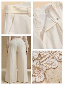 Anewsta Plus Size Women Hollowed-Out Embroidered Floral Embroidery Long Pants, Spring/Summer Graduation,Back To School,Teacher - Apricot - View 8