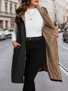 SHEIN Clasi 女士加大码棉质羽绒背心，优雅长款无袖羽绒背心，带口袋，保暖连帽棉质羽绒背心，适合秋冬季节穿着。 - 黑色 - 查看 10