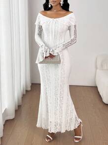 SHEIN Lady White Lace Off-Shoulder Form-Fitting Slim Long Bodycon Dress,Fall Wedding Guest Dress - White - View 4