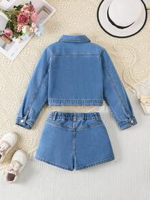SHEIN Sparklyn 2pcs Set: Embroidered Denim Jacket With Turndown Collar & Asymmetric Hem Skirt, Fashionable & Stylish - Blue - View 2