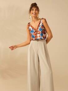 CAJUNI Women's Extra Loose Straight Leg Orange Brown Pants, Casual Holiday Beach Summer Trousers - Apricot - View 7