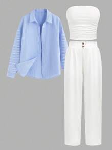 SHEIN Teen Girl Comfortable Simple Loose Contrast Elastic Waist Stripe Printed Wide-Leg Pants White Tube Top Blue Stripe Cropped Long Sleeve Shirt 3 Pieces Set - Blue and White - View 15