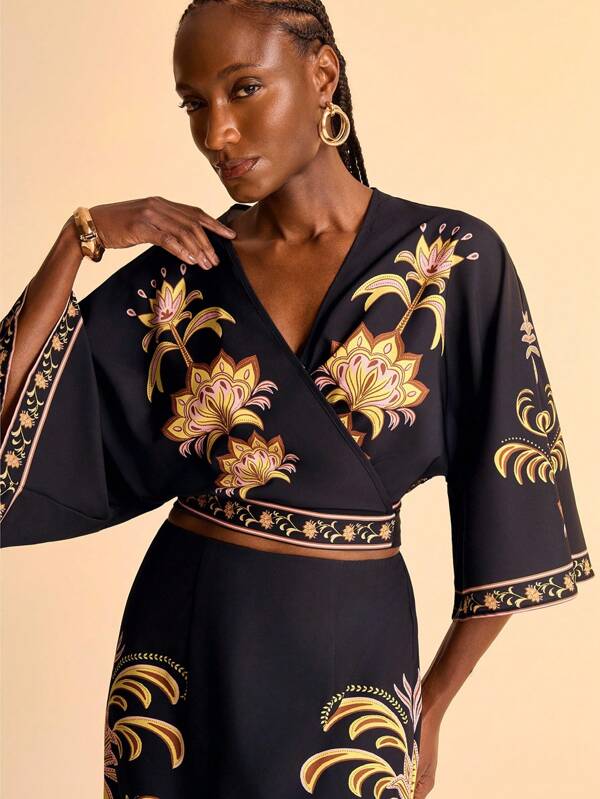 CAJUNI Blusa corta con scollo a V e stampa floreale retrò per vacanze, abbigliamento bohémien da donna, abbigliamento occidentale da donna, grafica, casual, top da uscita per donna, abbigliamento autunnale da donna